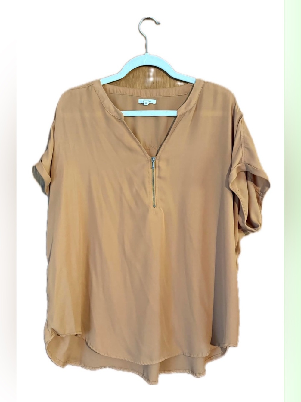 Maurices Zip-Front Short Sleeve Blouse in Camel/Tan